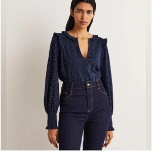 • Boden • Women’s Notch Neck Smocked Frill Top 
- Polka Dot Navy Blue / Gold 2